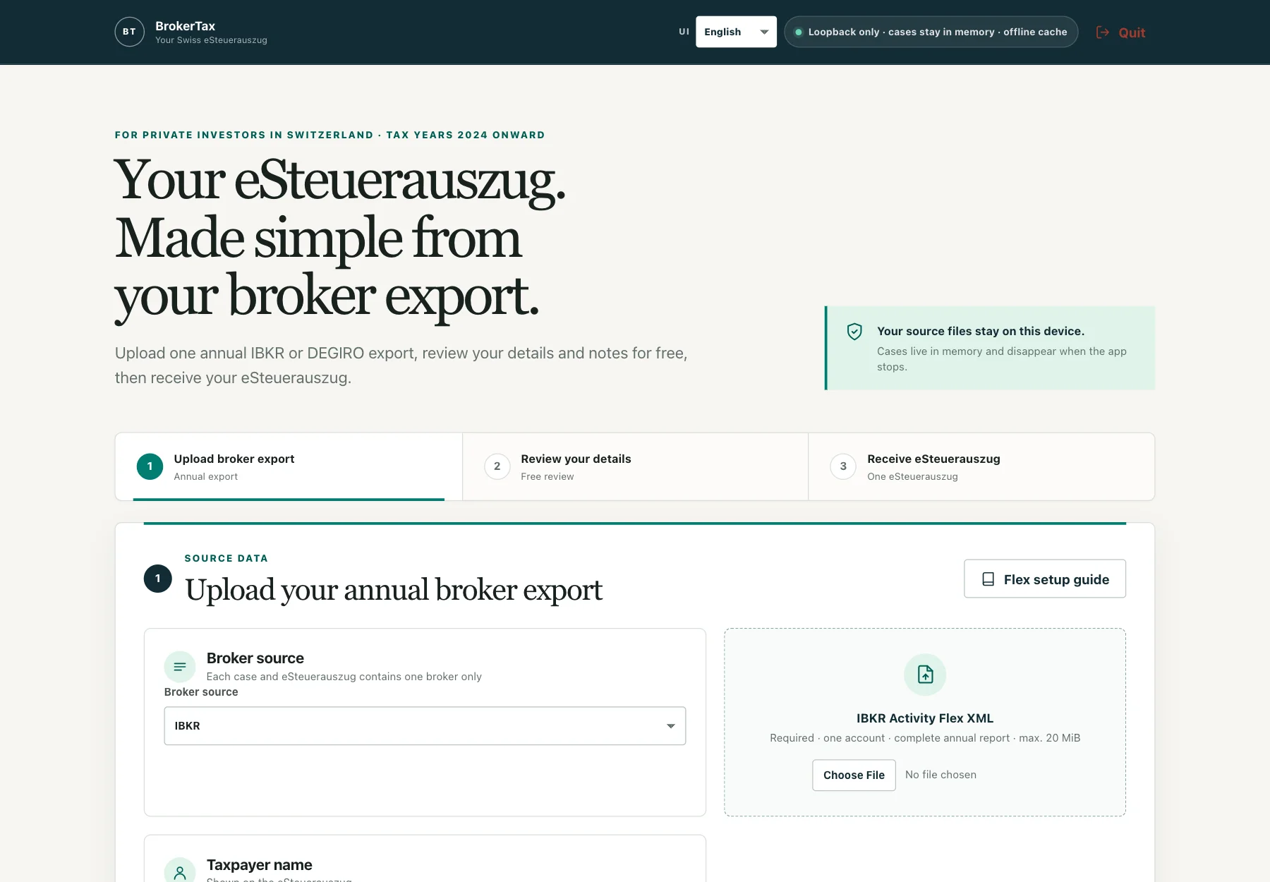 BrokerTax import screen with an annual IBKR Activity Flex XML upload.