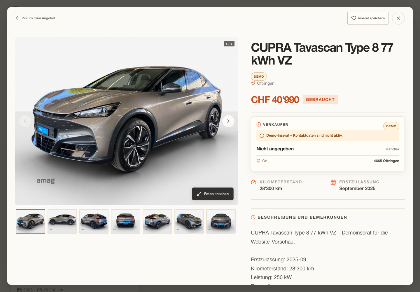 CUPRA Tavascan car detail dialog with price, vehicle specifications and eight photo thumbnails
