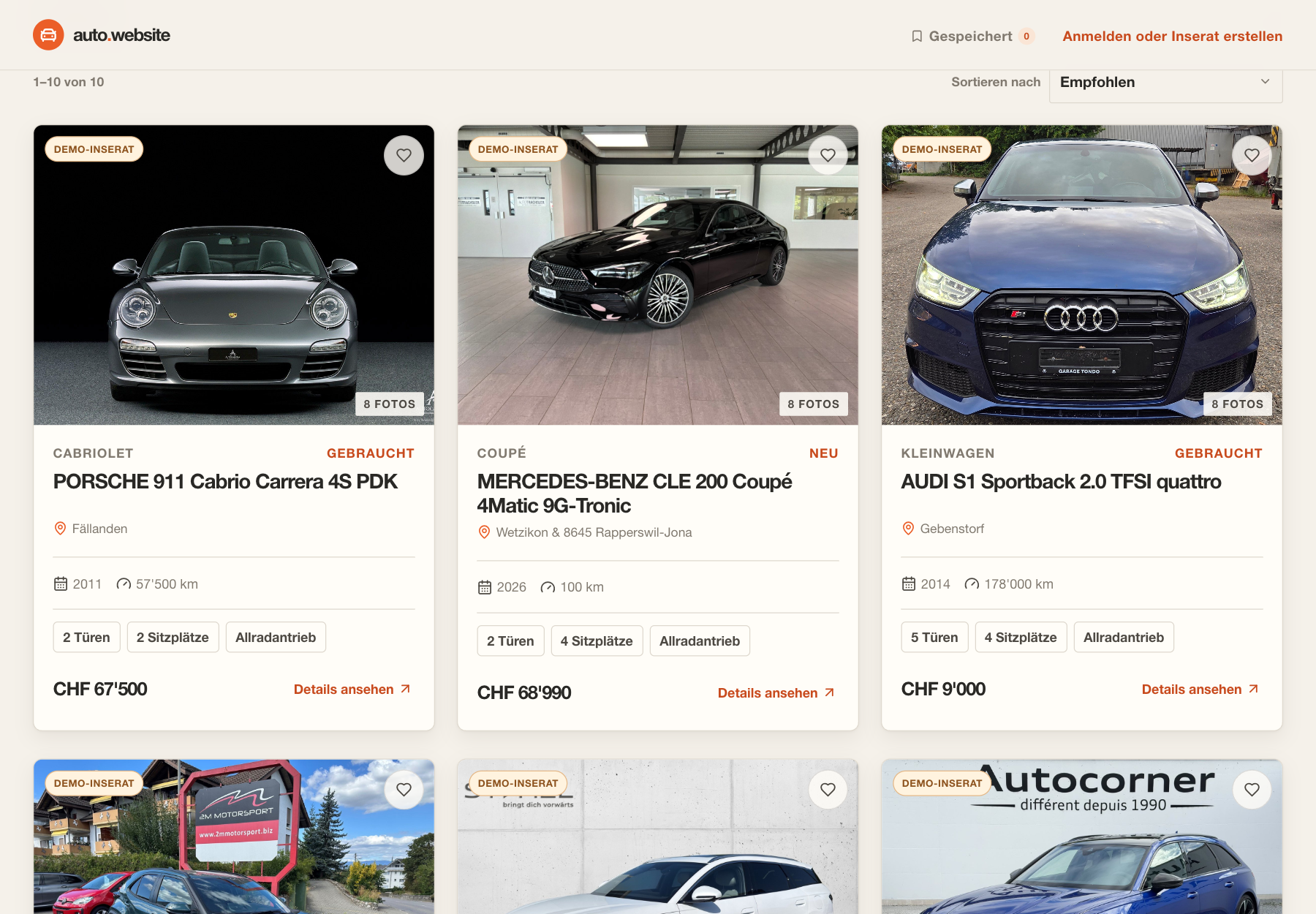 Automobile Marketplace car listing grid with photos, prices, mileage and vehicle facts
