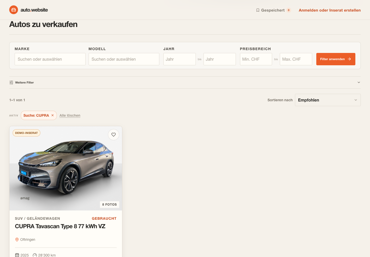 Car results filtered by the active CUPRA search chip to one result