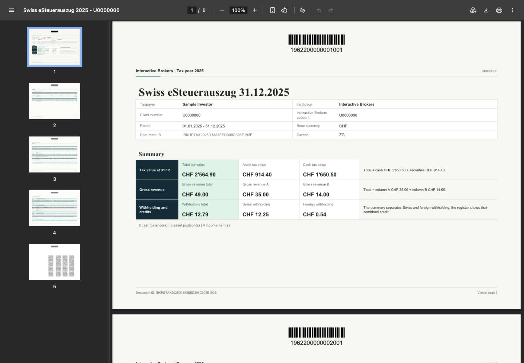 Generated BrokerTax Swiss eSteuerauszug PDF first page with tax summary and barcode