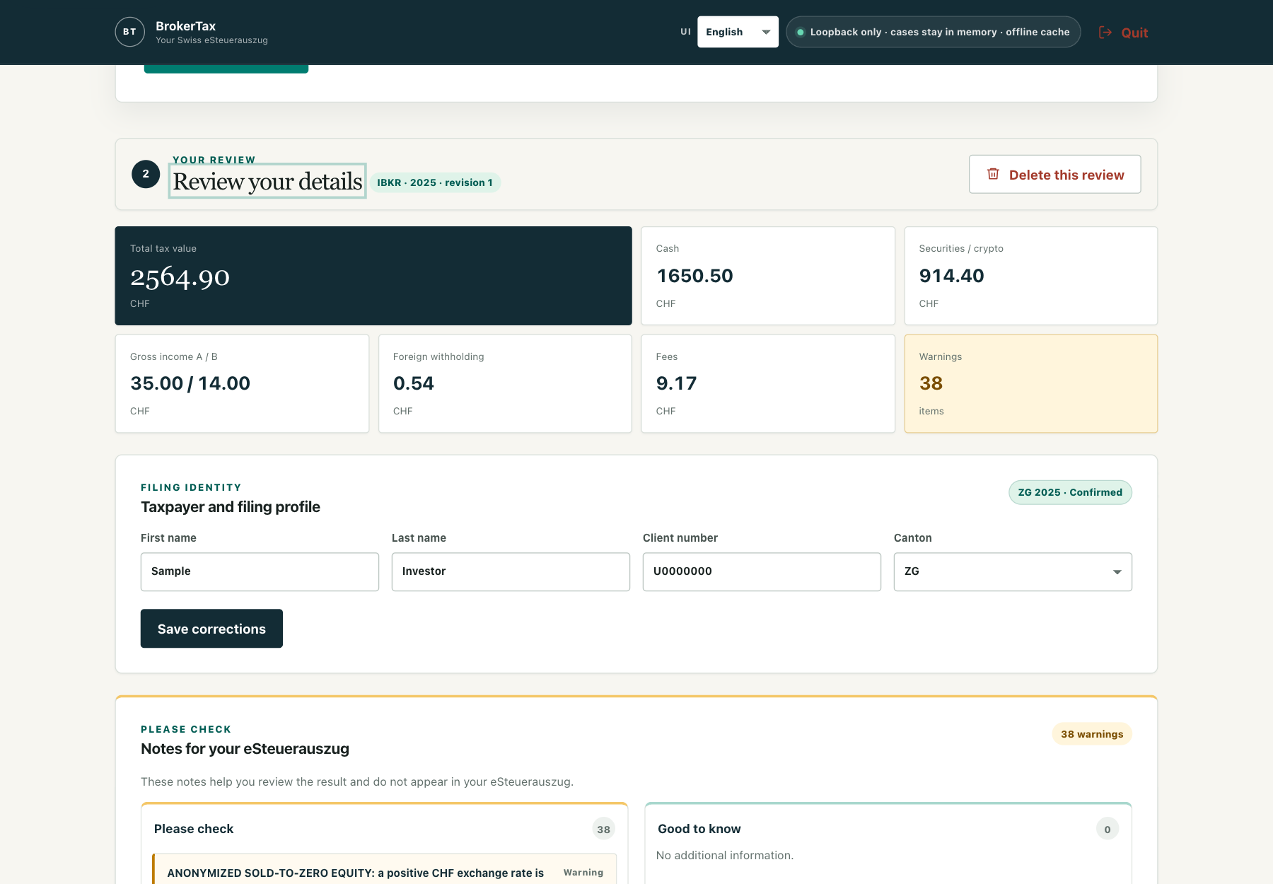 BrokerTax review overview showing tax totals, taxpayer profile, compatibility and warning count
