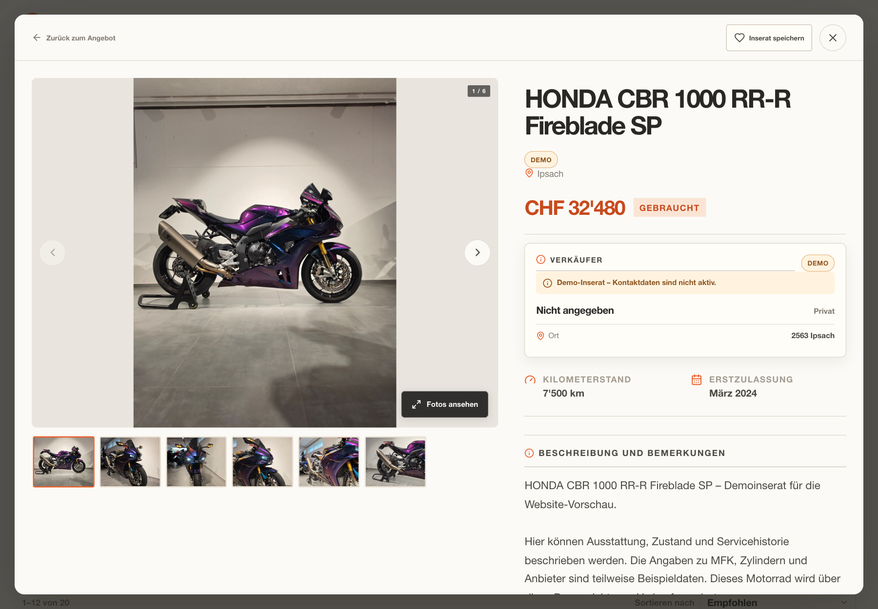 Honda CBR motorcycle detail dialog with price, mileage, registration and six photo thumbnails