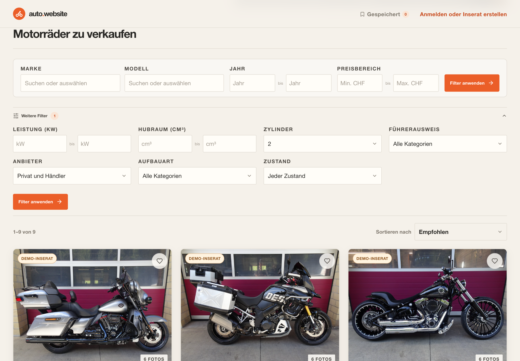 Motorcycle results filtered to two-cylinder listings with the advanced filter panel open