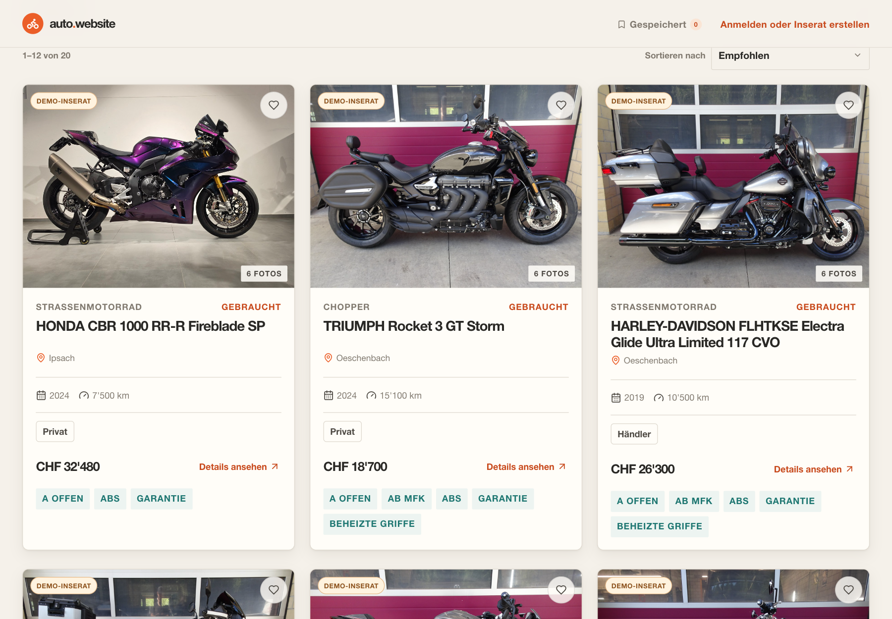 Motorcycle Marketplace listing grid with motorcycle photos, prices, mileage and equipment tags